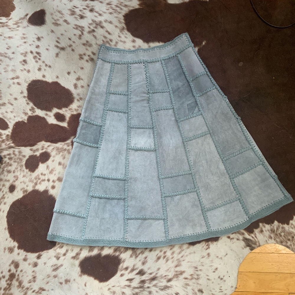 70s vintage leather patchwork skirt in baby blue